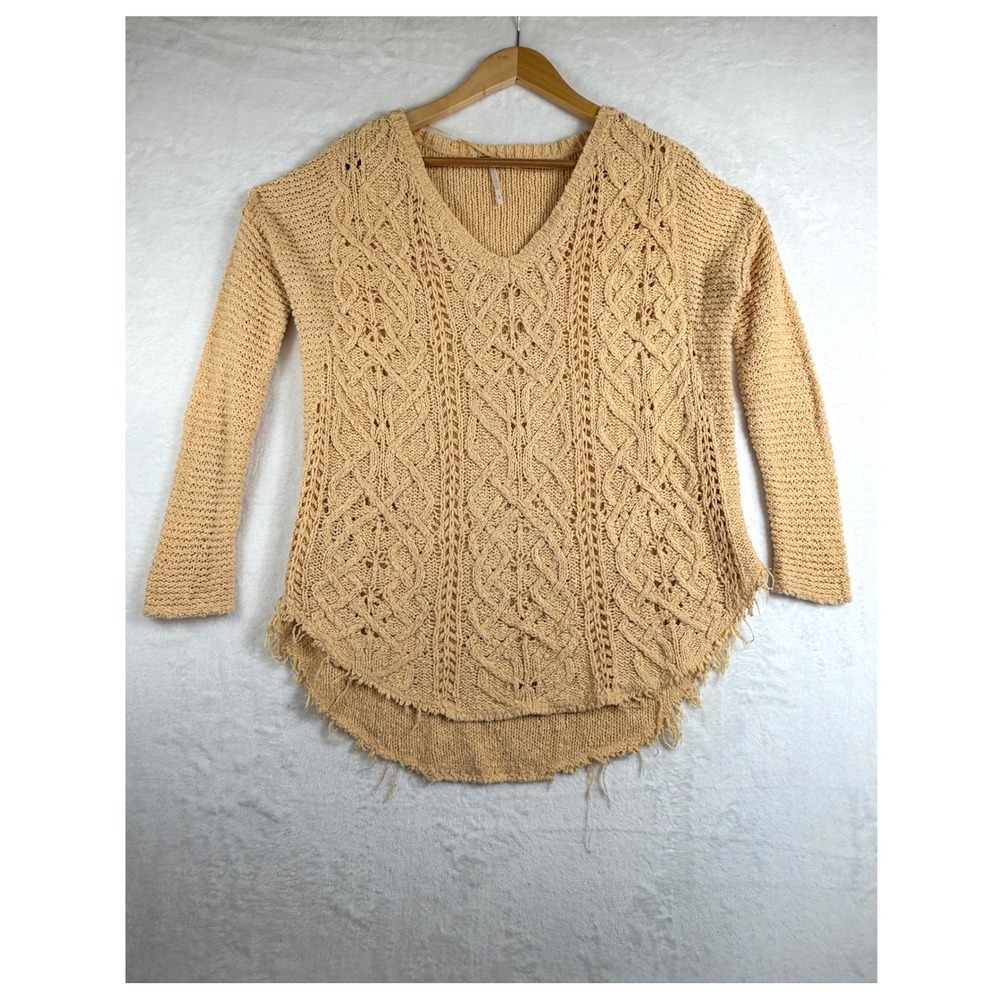 Free People Cable Knit Distressed V-Neck Sweater Tan Beige Small